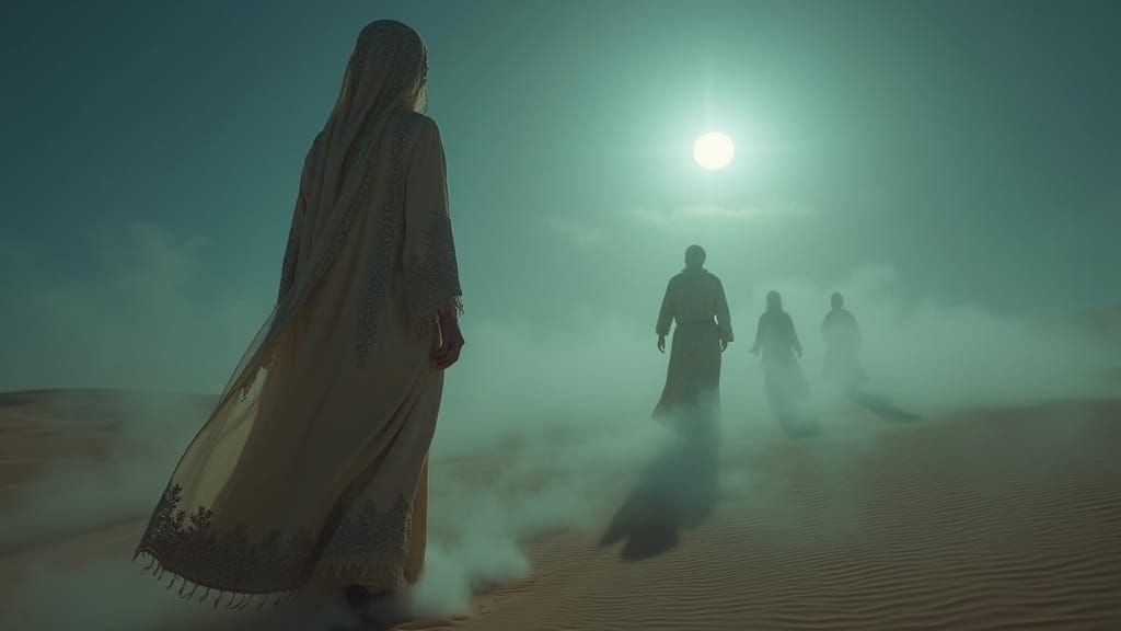 Arabic Lady Led by Ethereal Hands Through Foggy Desert Night