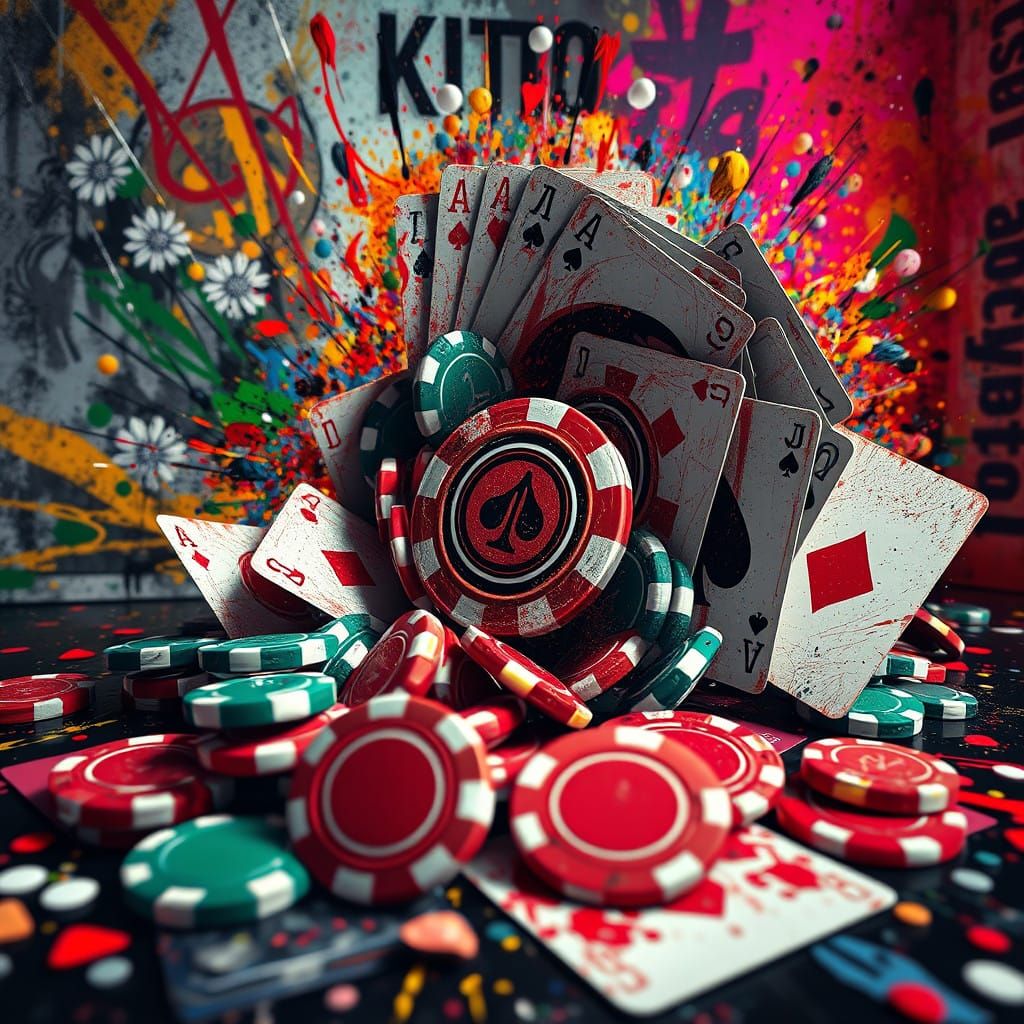 Surreal Cityscape with Swirling Casino Chips and Cards