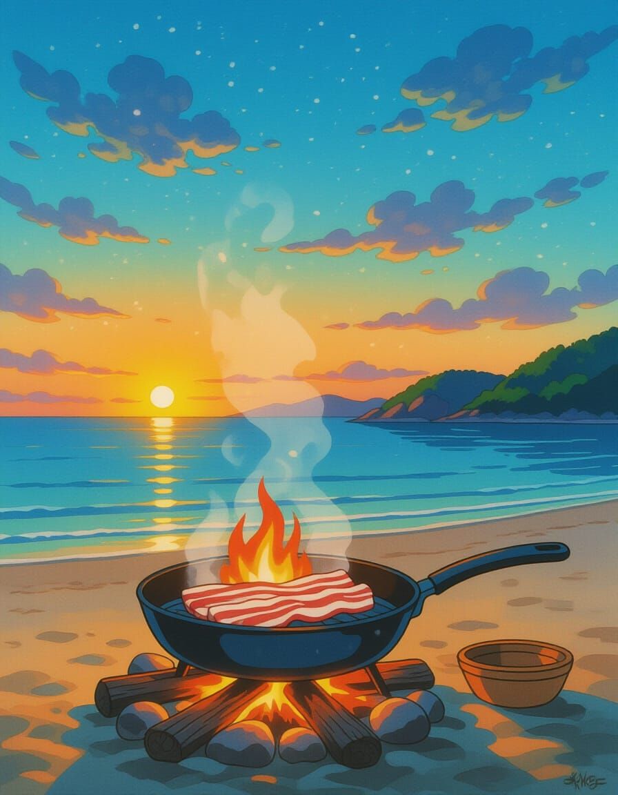 Bacon Cooking on Beach in Anime Art Style