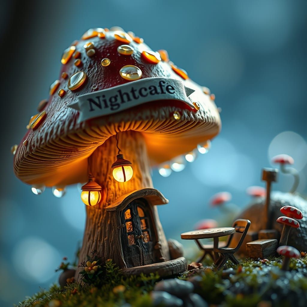A beautiful mushroom is a miniature cozy mushroom's cafe