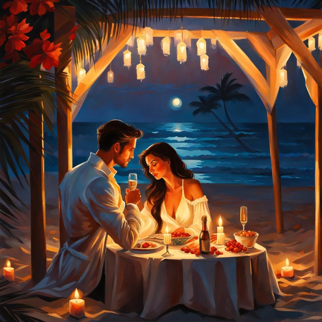Romantic Beach Dinner in Gouache Style