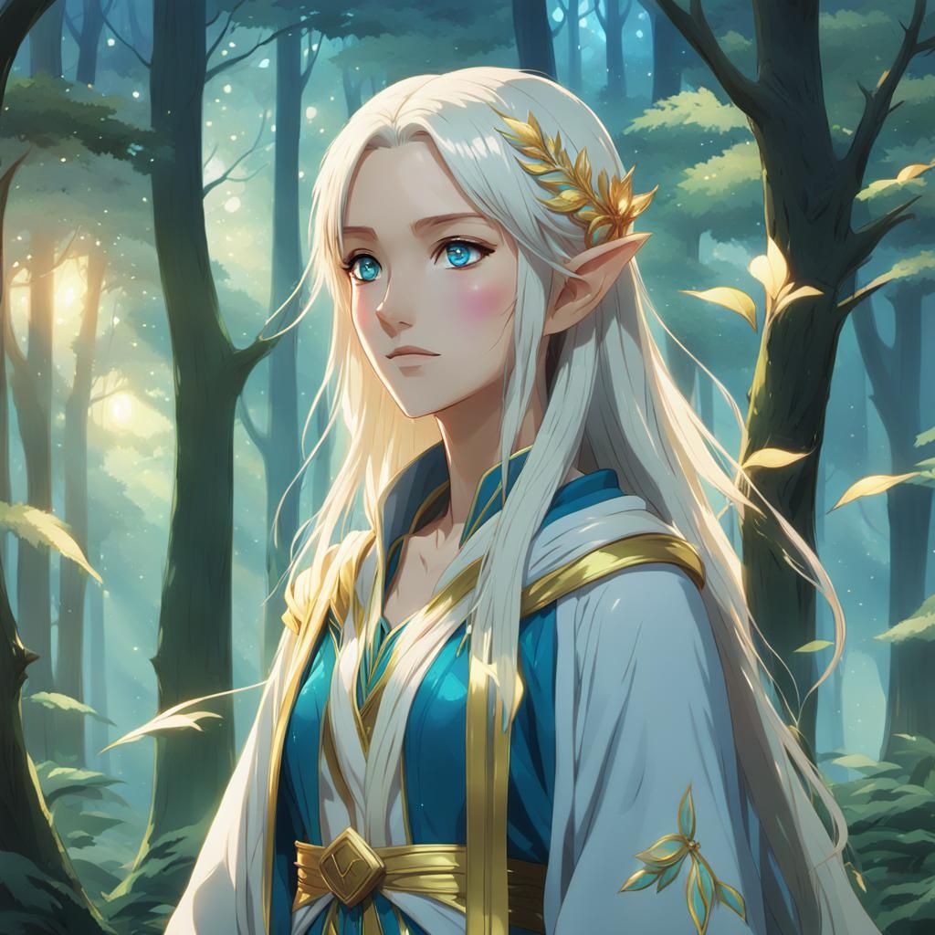 Elf Sorceress in Twilight Forest: Makoto Shinkai Style