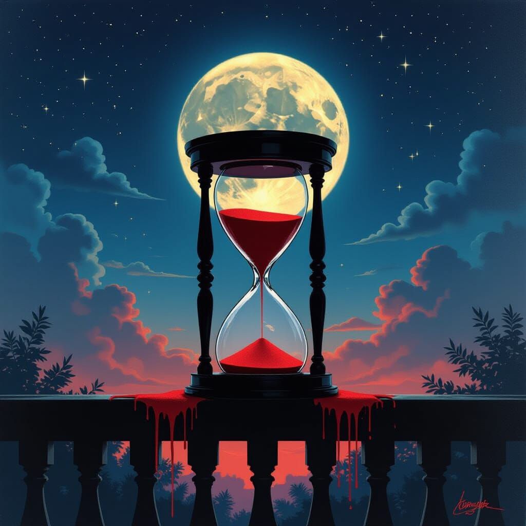 Hourglass Silhouetted by Moon, Filled with Red Sand