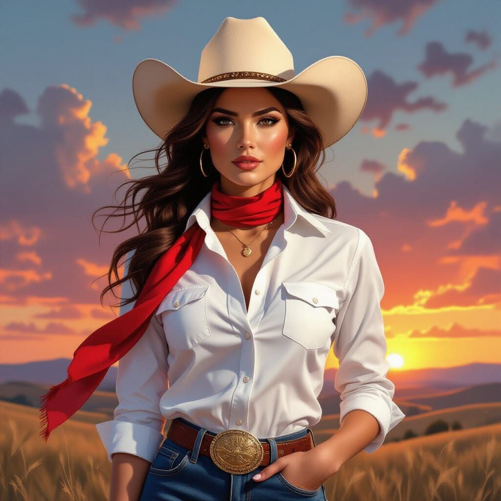Elegant Cowgirl in Rural Landscape: Oil Painting Style