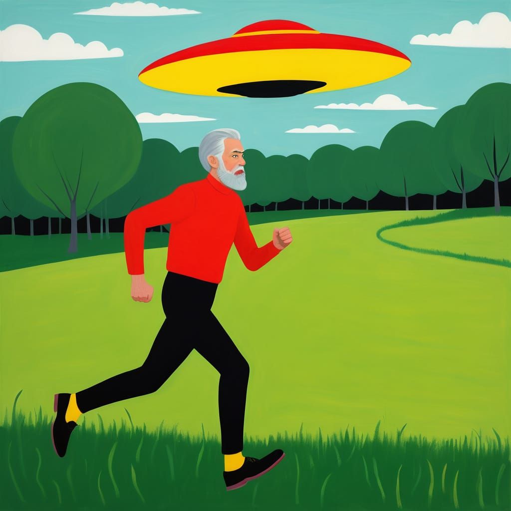 Man Fleeing a Yellow Flying Saucer in a Green Landscape