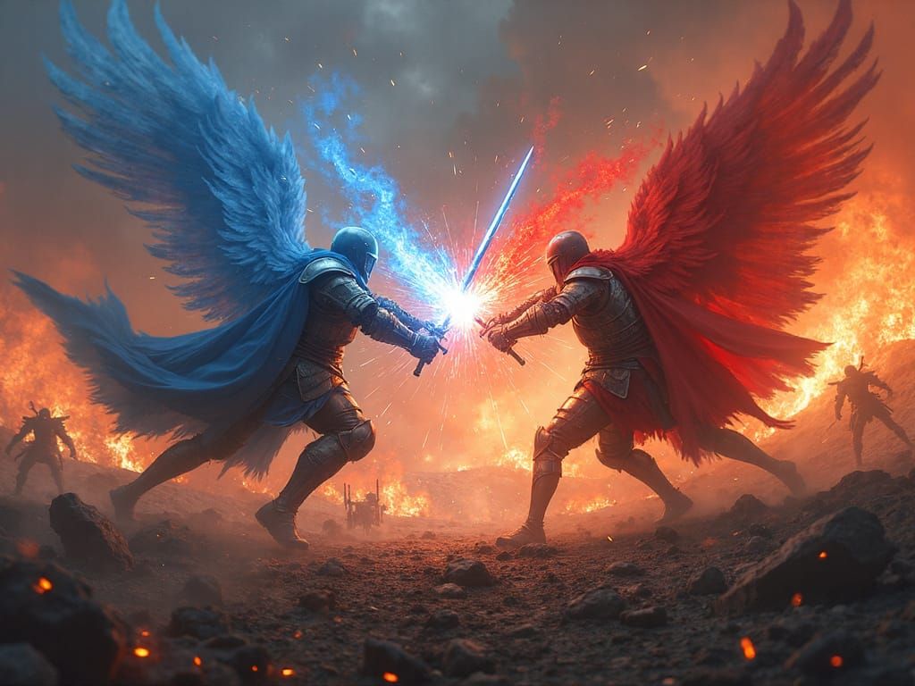 Epic Knight Battle in Fiery Post-Apocalyptic Landscape