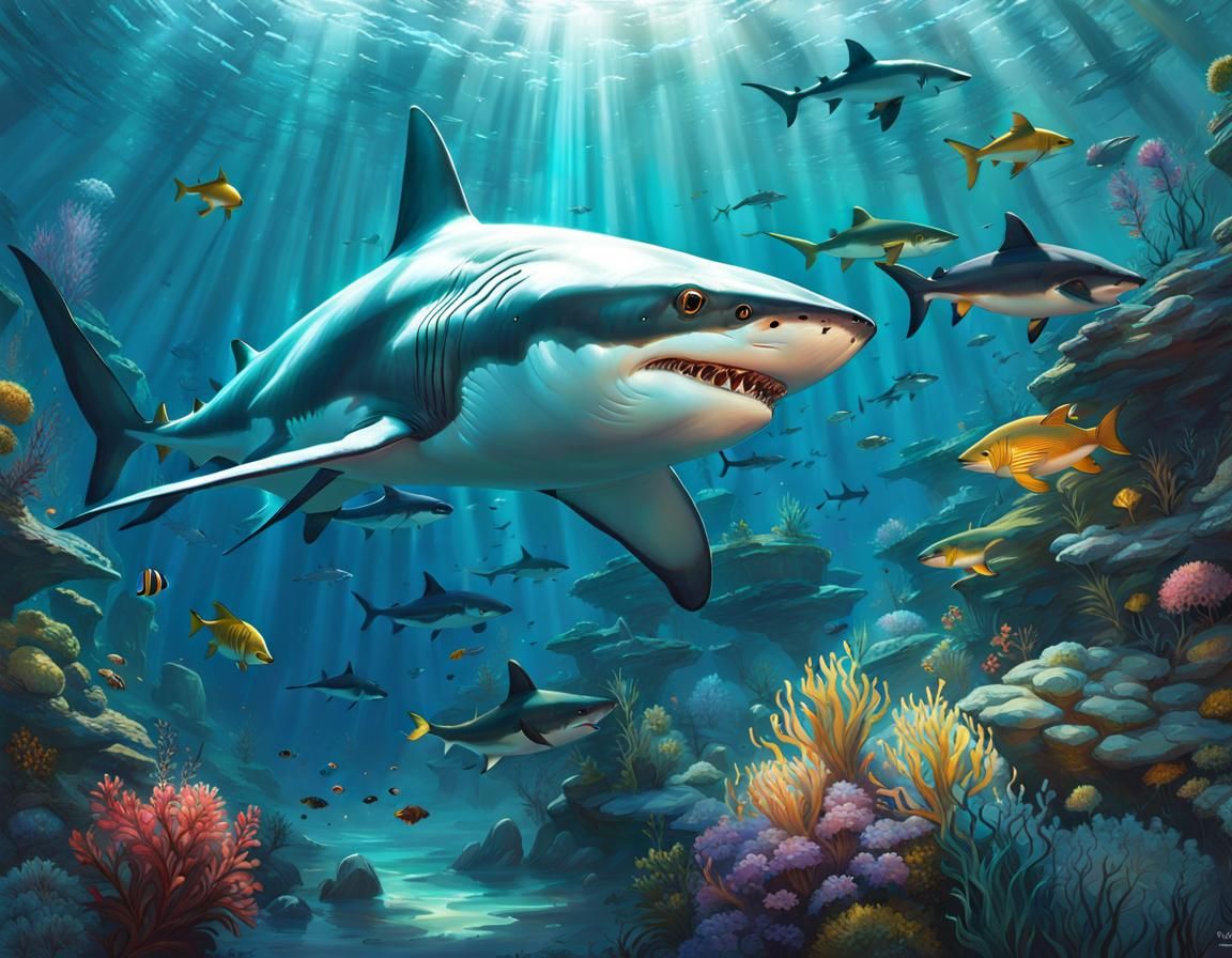 Graceful Underwater Shark in Ethereal Fantasy Art