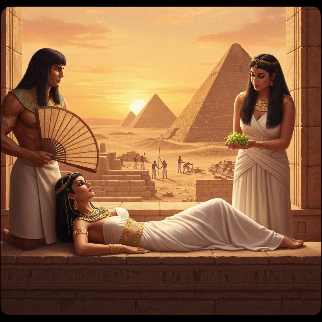 Cleopatra Oversees Pyramid Construction in Cinematic Still