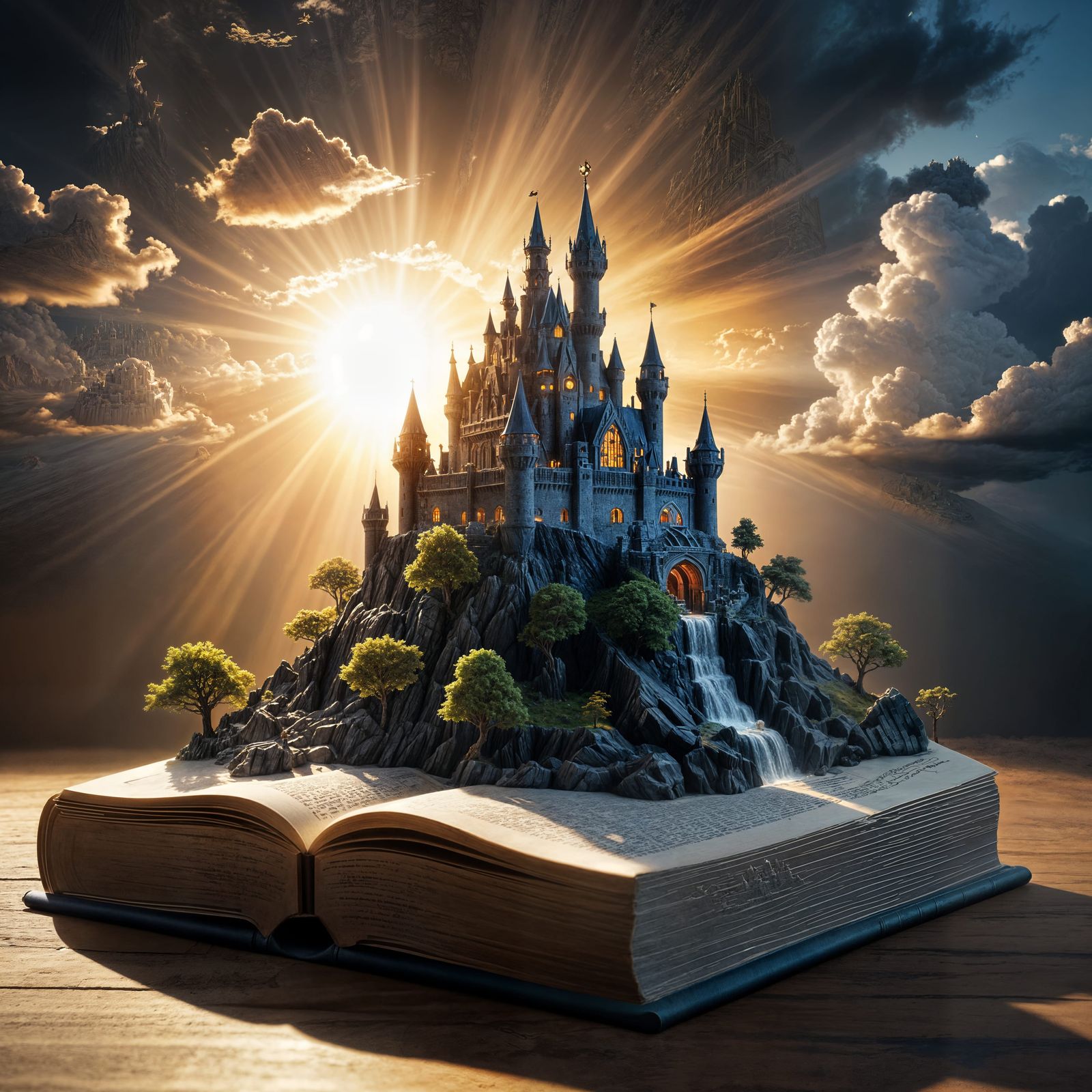 Epic Fantasy Castle Rises From Book Under Miniature Sun