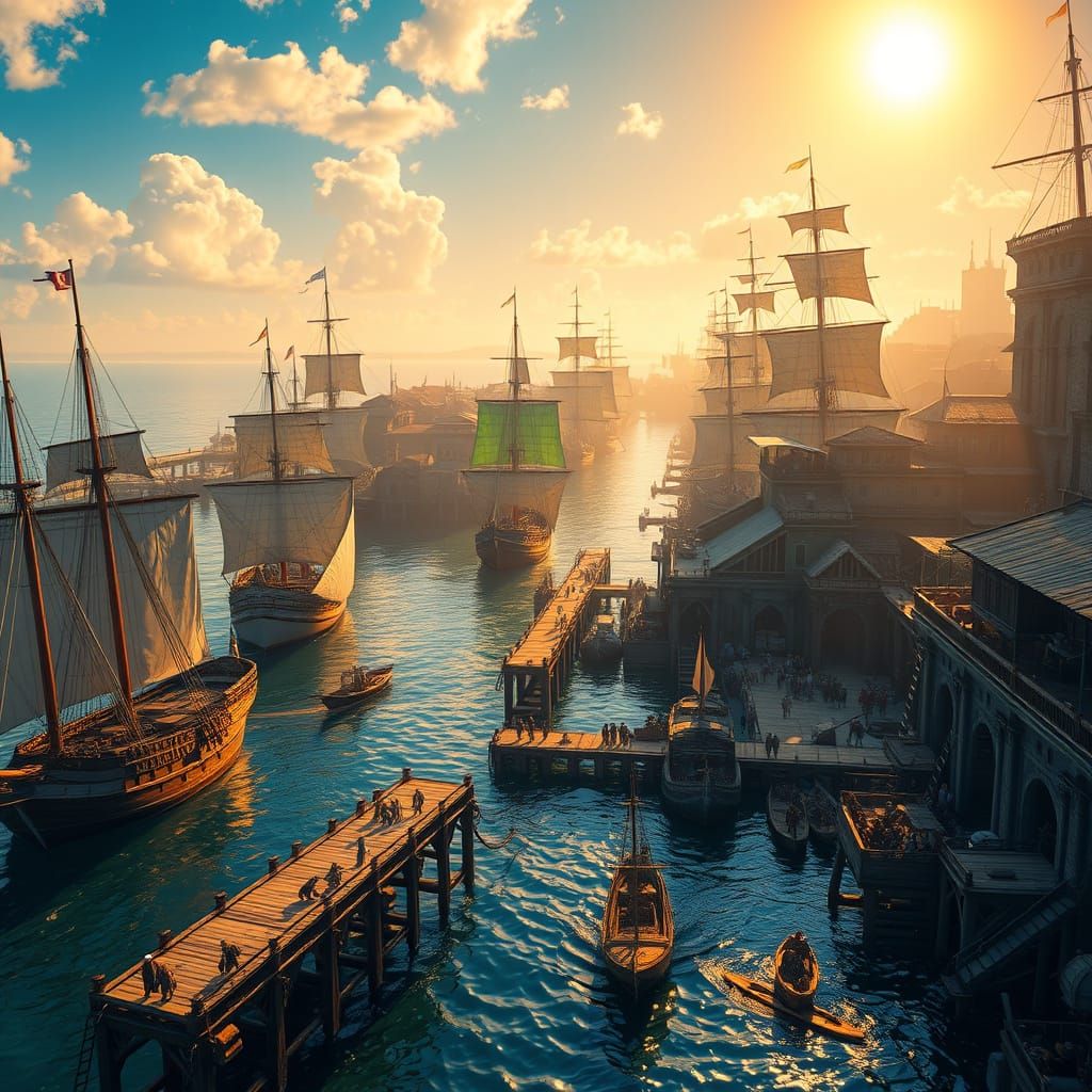 Elevated Renaissance Dockyard at Noon in a Fantastical Harbo...