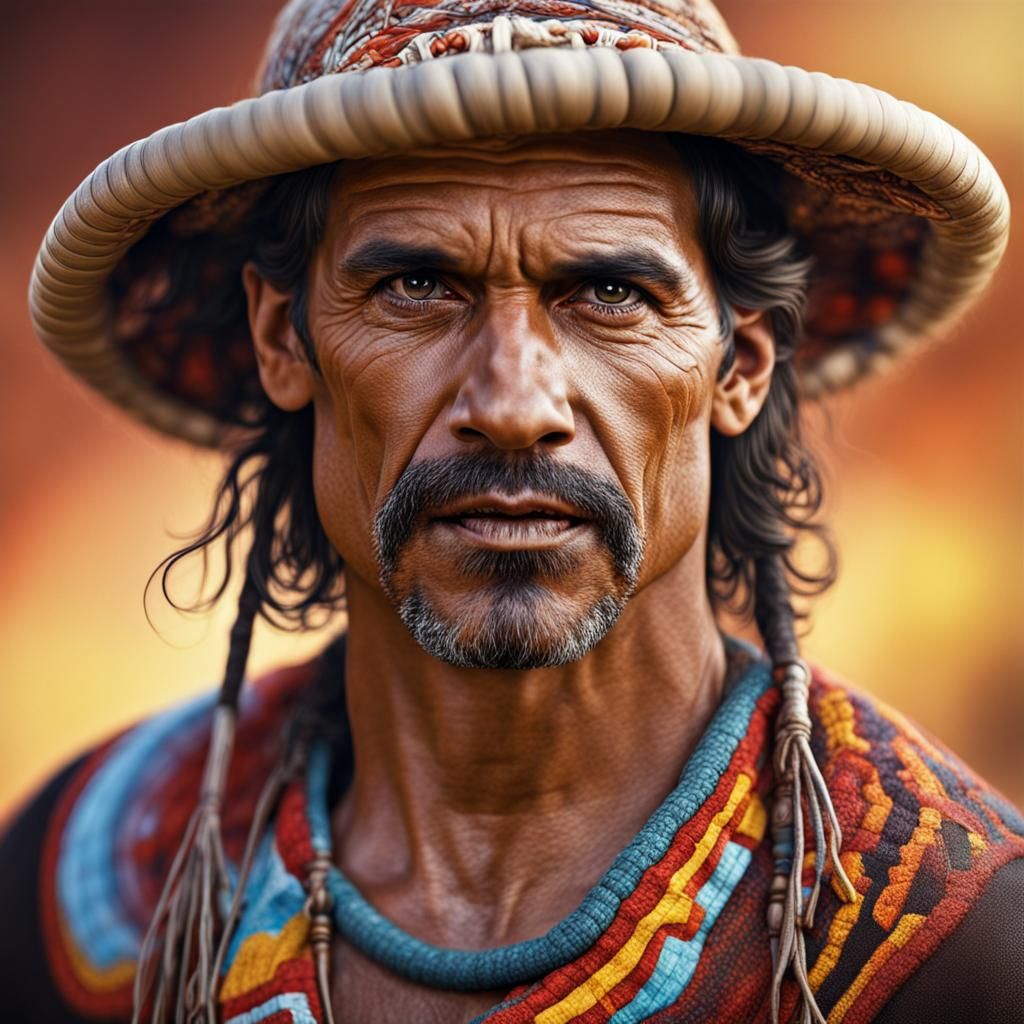 Hyperrealistic Aboriginal Man in Traditional Clothing