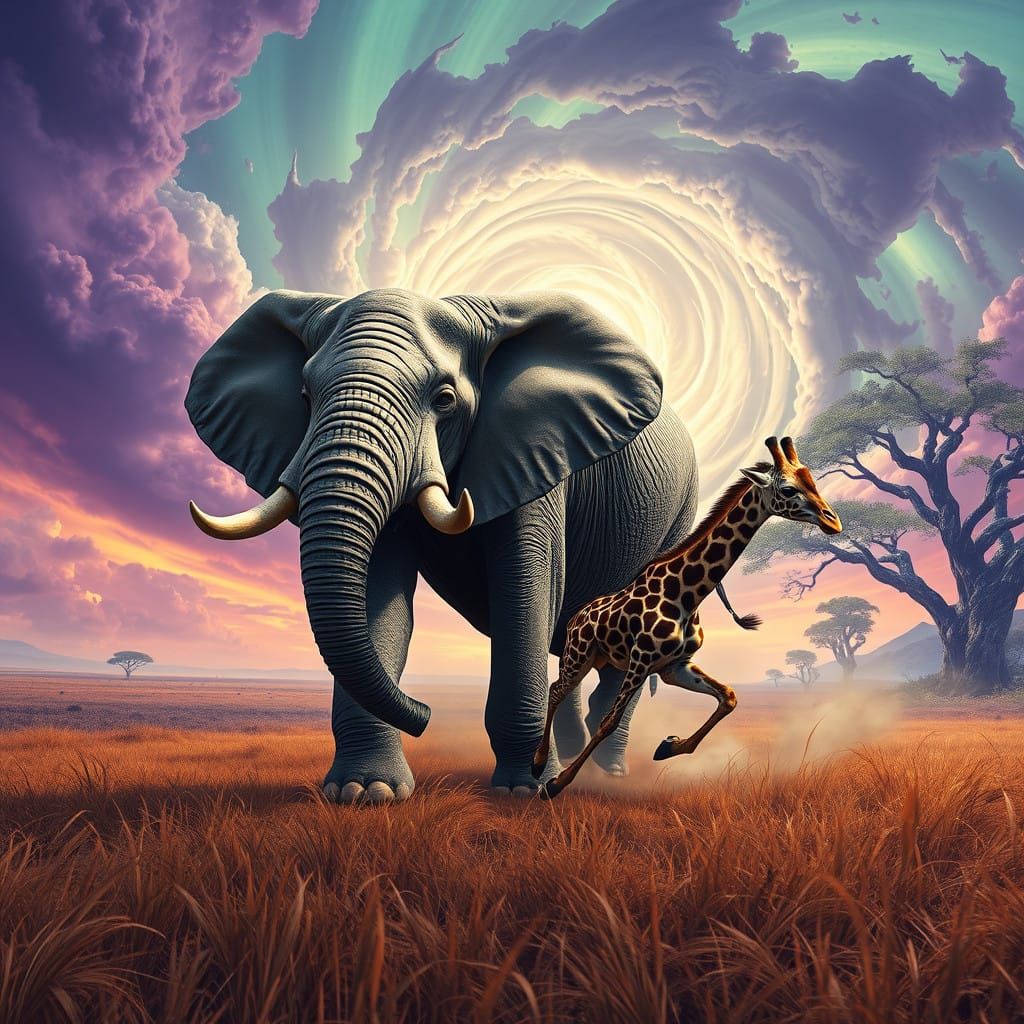 Majestic Elephant Chases Agile Giraffe Across Vibrant Savann...