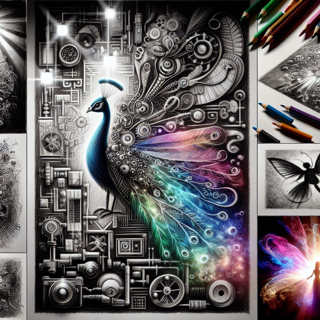 Surreal Steampunk Child's Artwork Features Mechanical Peacoc...