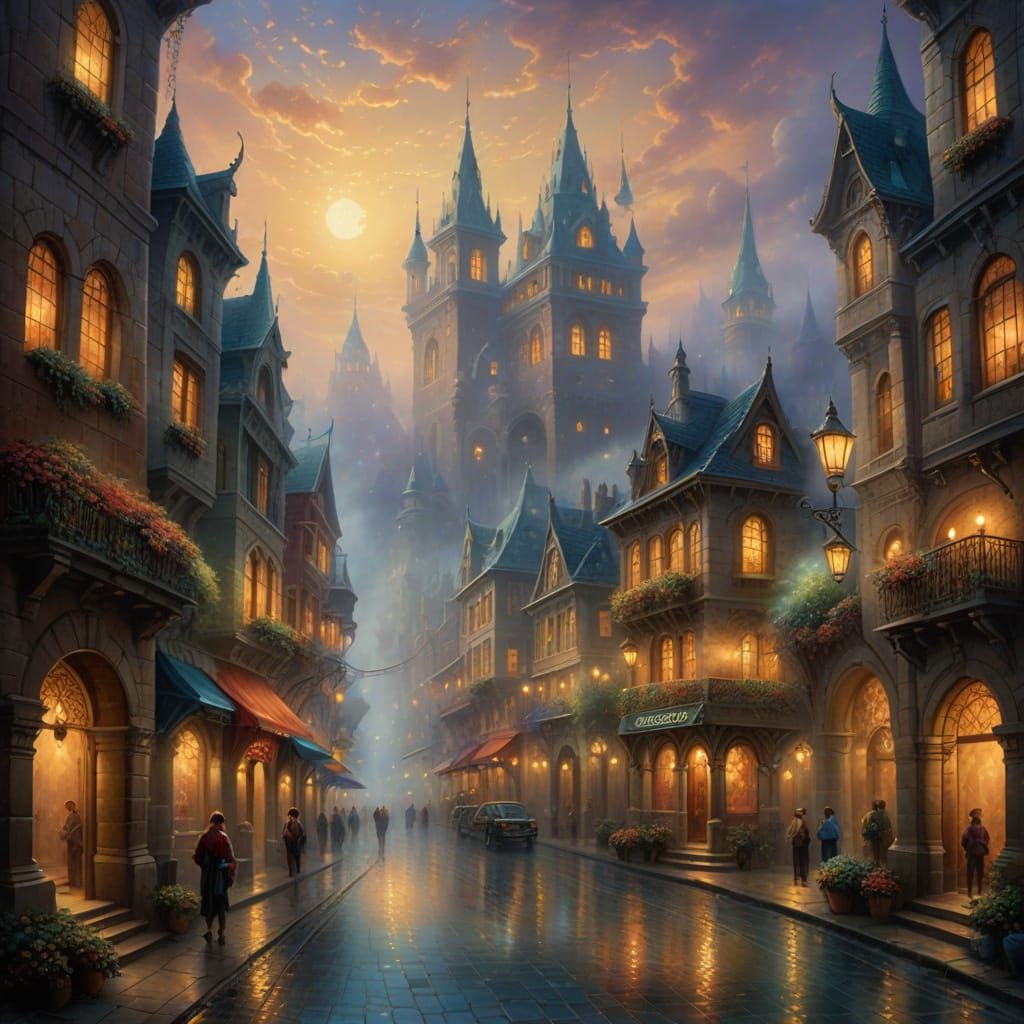 Whimsical Cityscape in Warm Golden Light