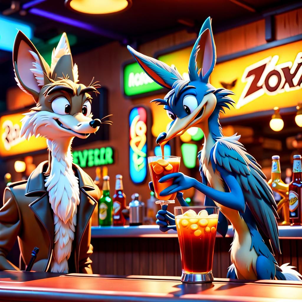 Wile E Coyote and the Road Runner having a drink (with a lot...
