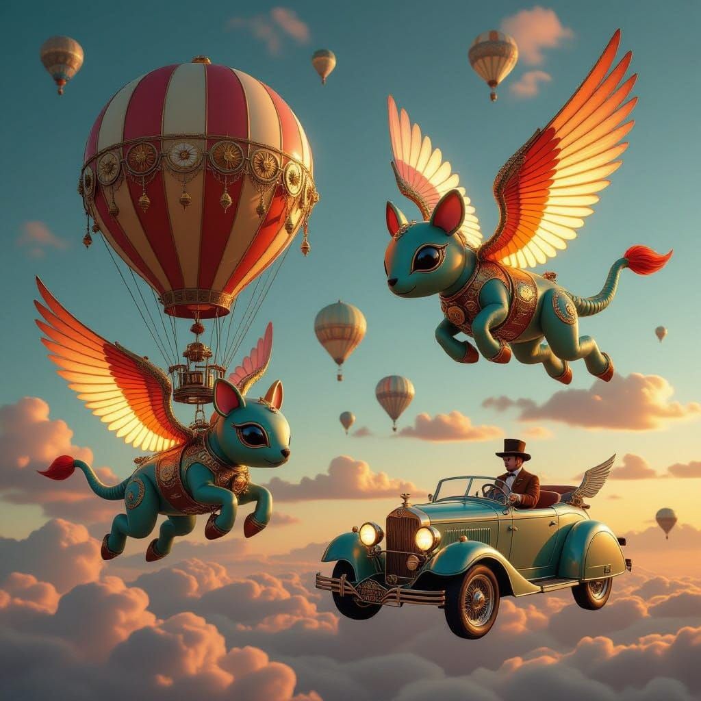 Whimsical Balloon Animals & Steampunk Cars in Dreamlike Glow