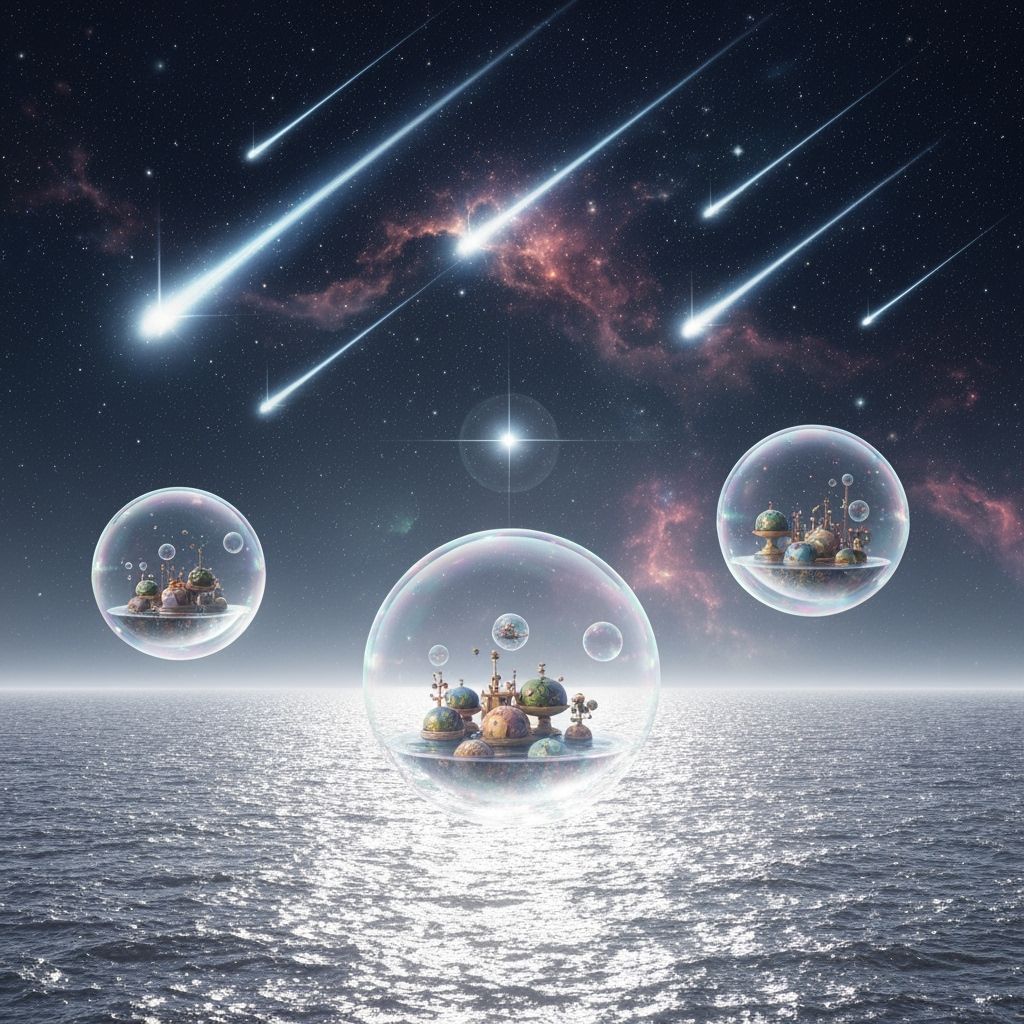 Soap Bubble Spaceships with Miniature Worlds Above Silver Se...