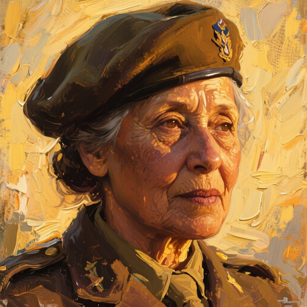 Golden Hour Portrait of Woman in Military Beret, Impasto Sty...