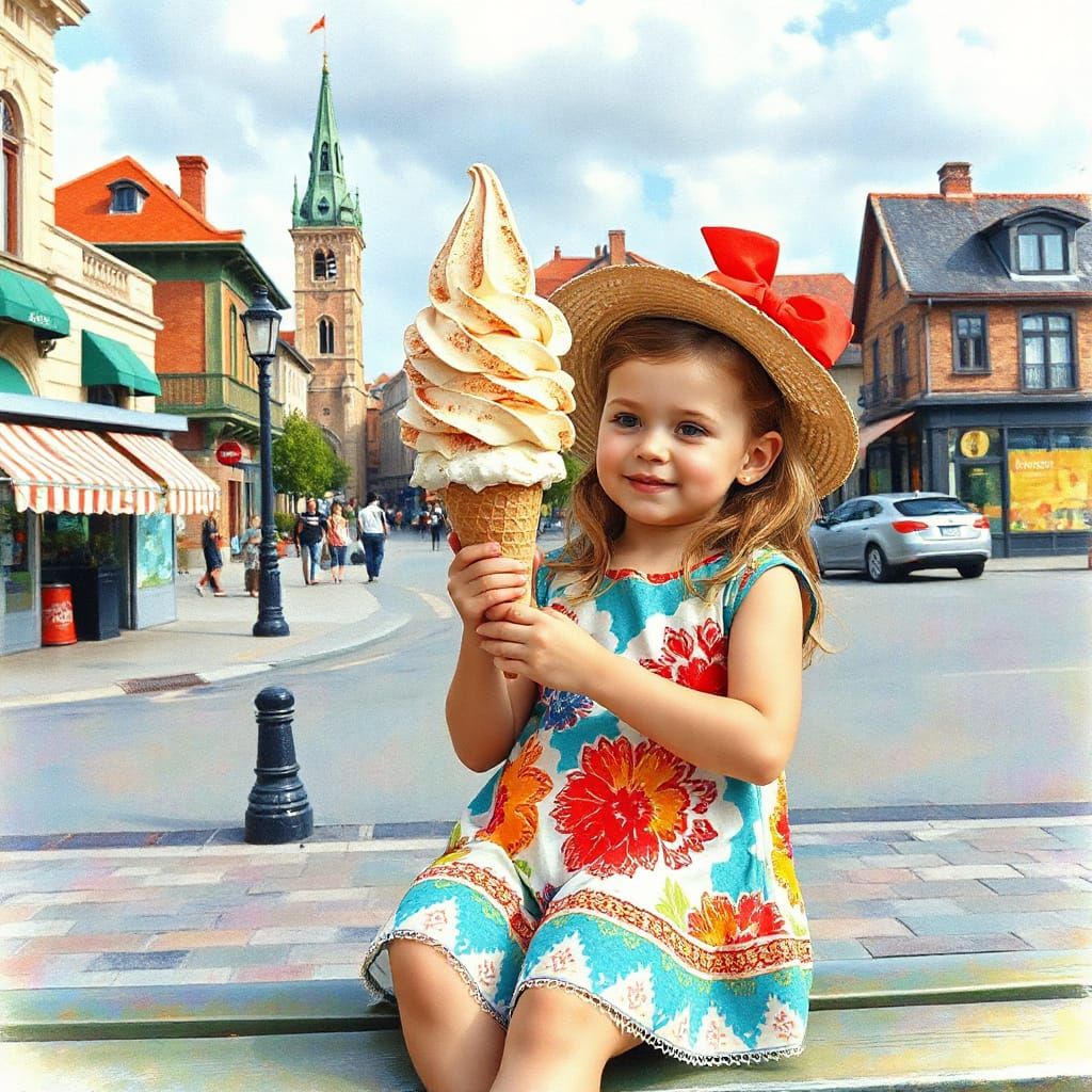 Girl with Ice Cream Cone in Impressionist Town