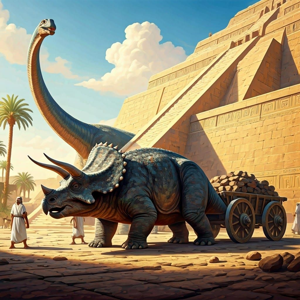 Babylonian Ziggurat Construction with Dinosaurs, Oil Paintin...