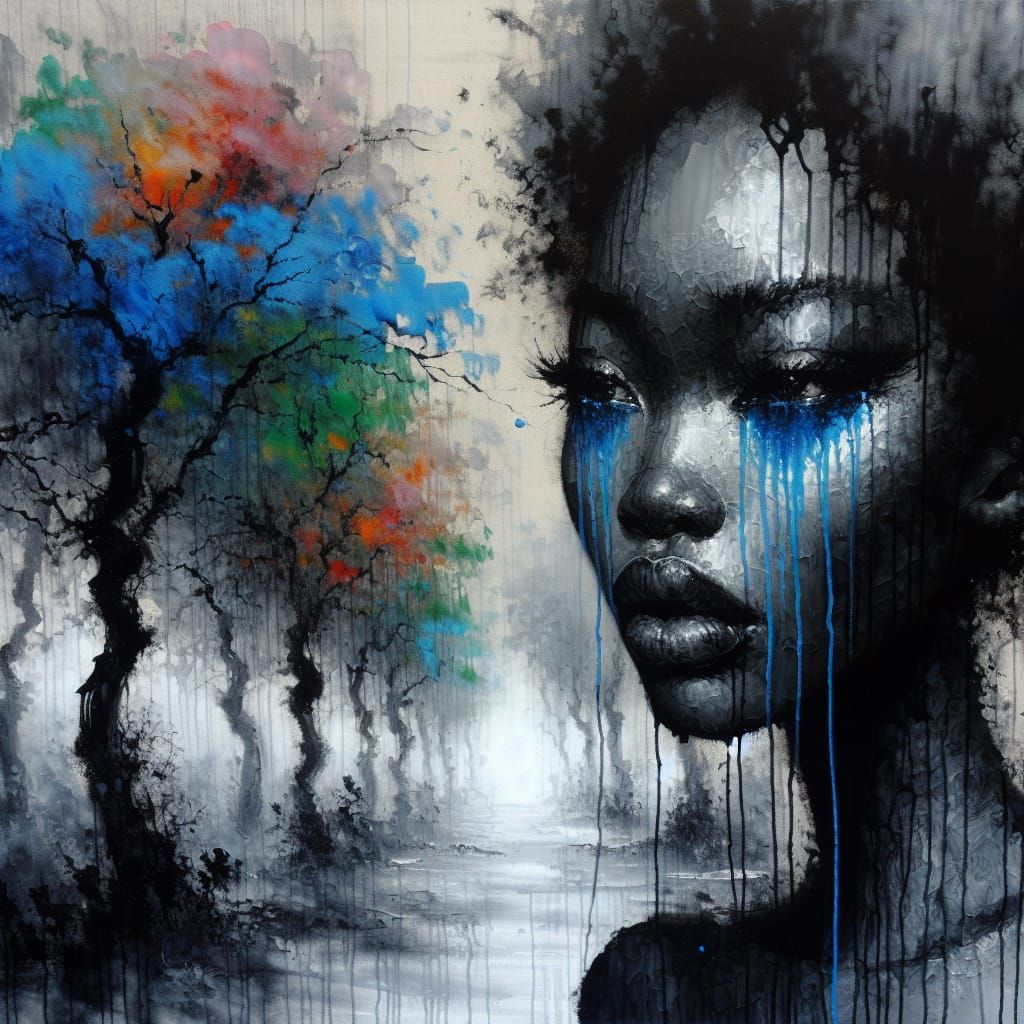Sorrowful Black Woman Weeps in a Misty Forest