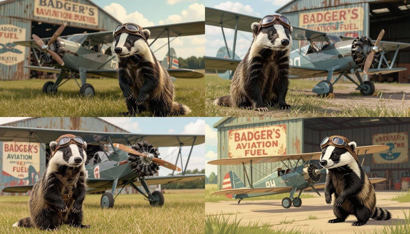 Badger Aviator with Biplane in Vintage Ad Style