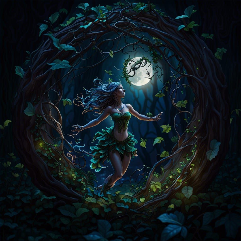 Fairy Escapes Vines Under Moonlight: Dark Fantasy Art