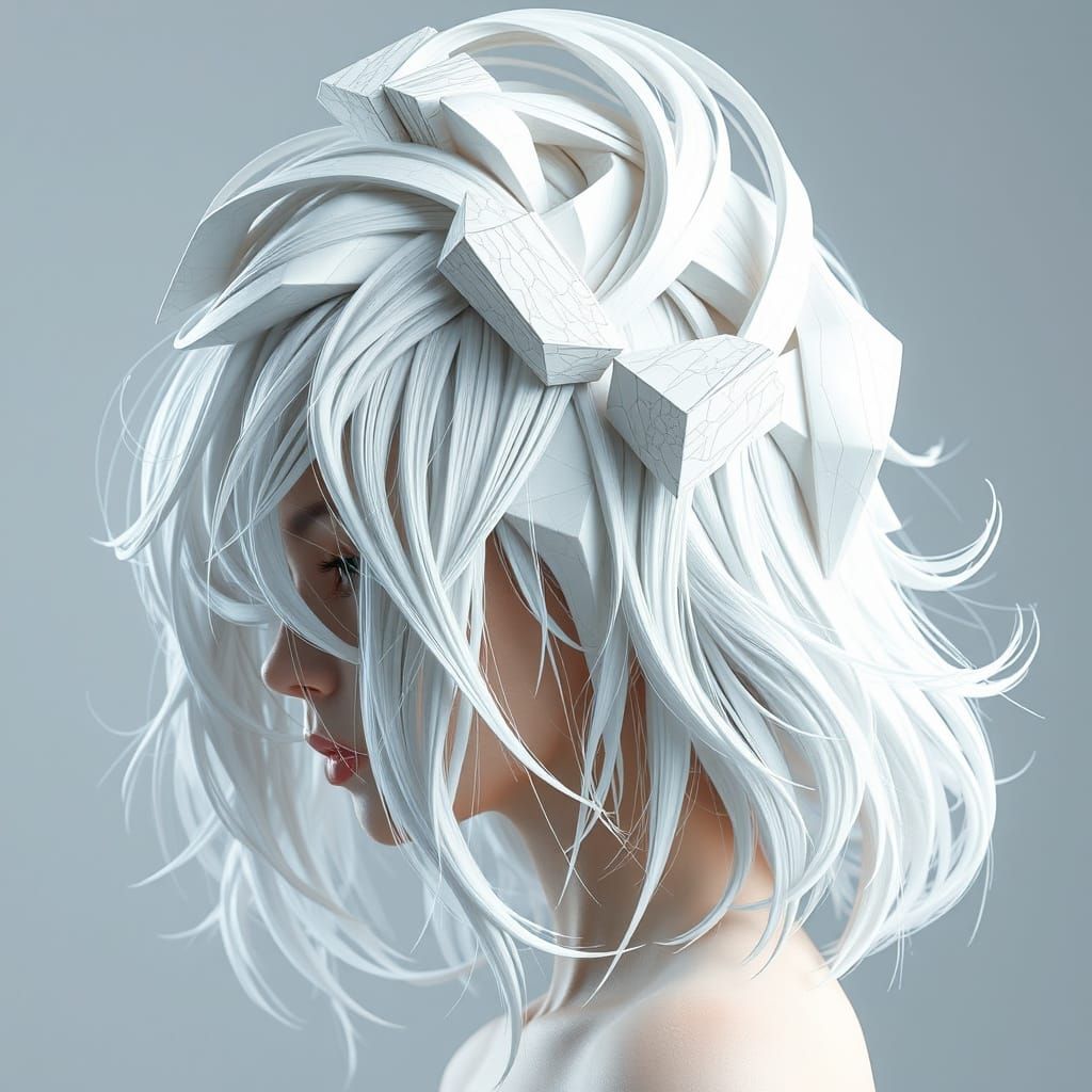 Sculpted White Hair: Geometric Anime Art