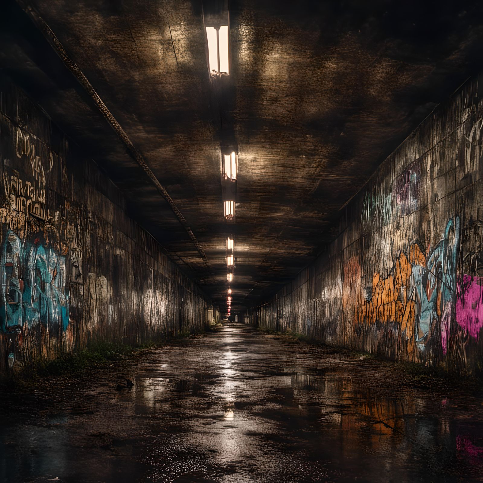 Graffiti Art in Dimly Lit Urban Tunnel