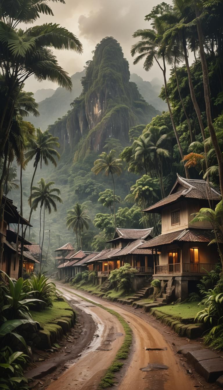 Javanese Village House at Night Near Mountains