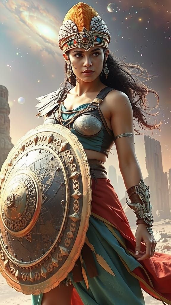 Amazon Warrior Gazes at Alien Nebula in Matte Painting Style