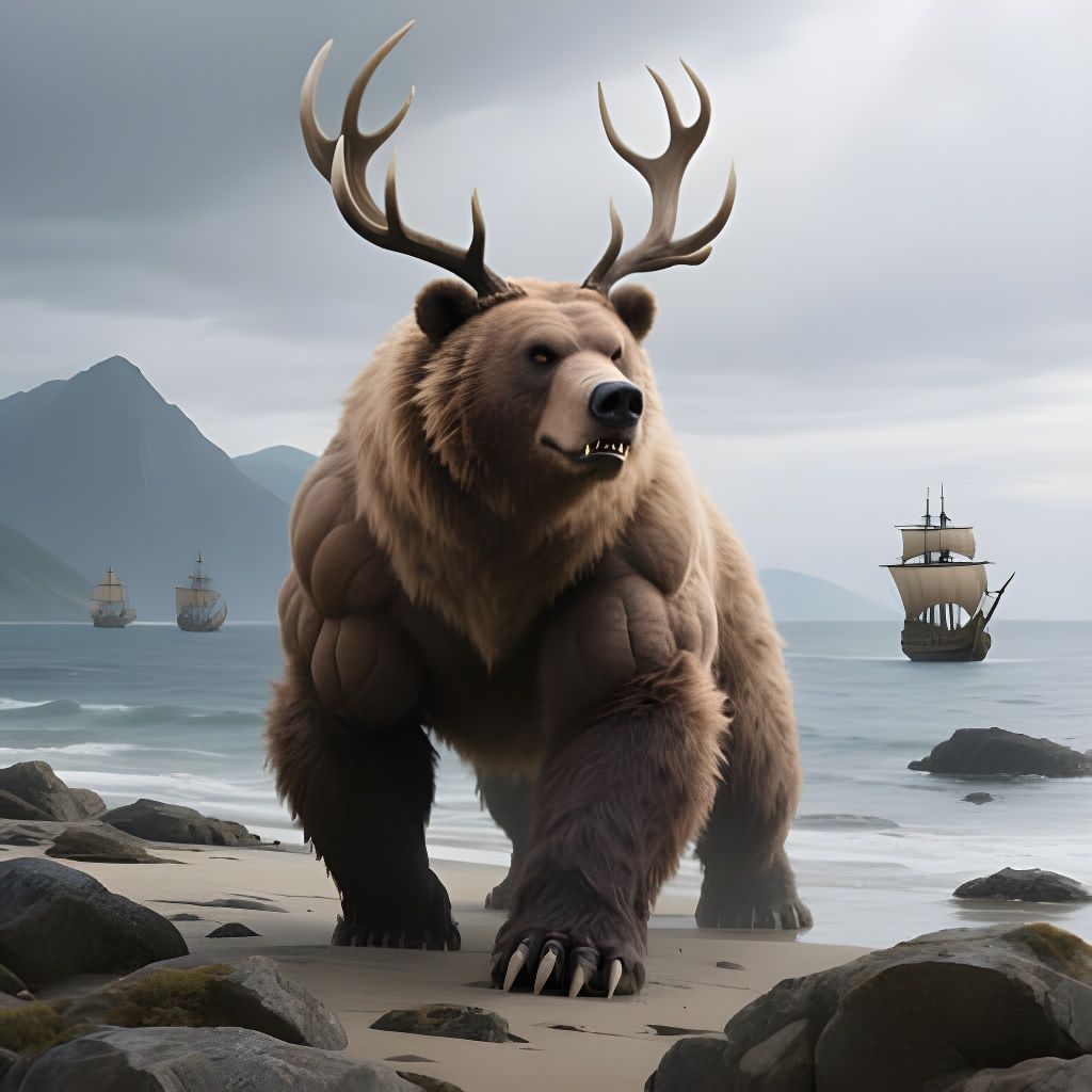 Mythological Beast with Antlers on Rocky Beach