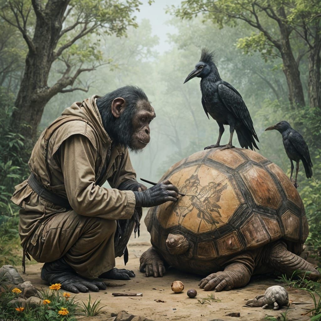 Chimpanzee Calligraphy on Tortoise Shell: Painterly Scene