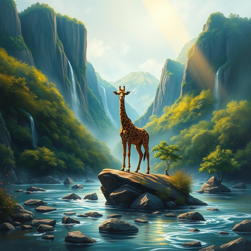 Giraffe in Mountain Landscape Oil Painting