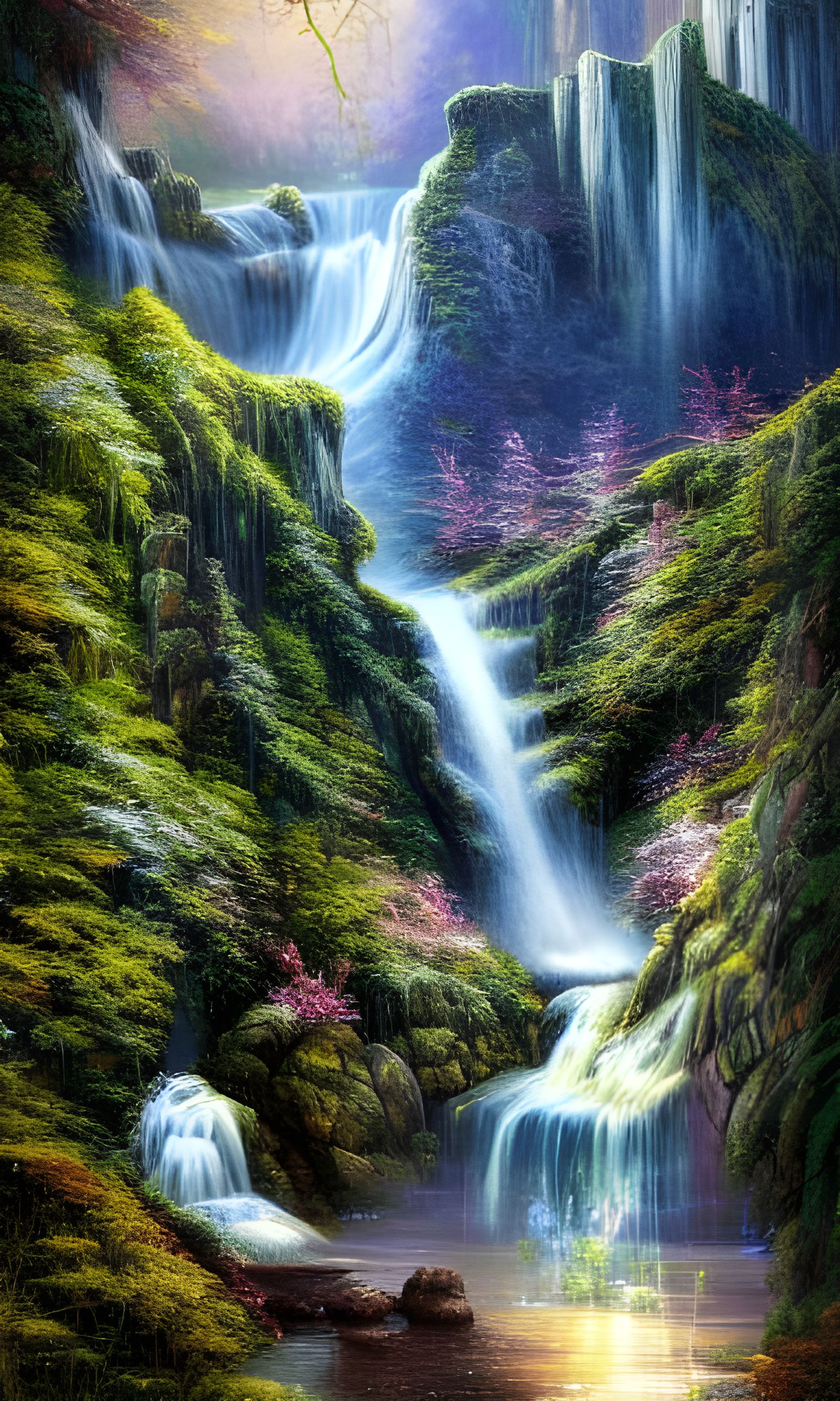 Surreal Waterfall Scene with Rainbow Crystals
