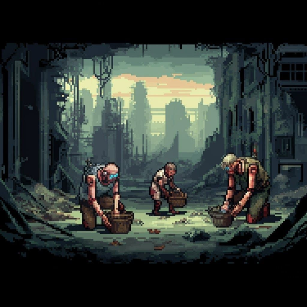 Evolved Hybrids Scavenge Ruined City in 8-bit Style