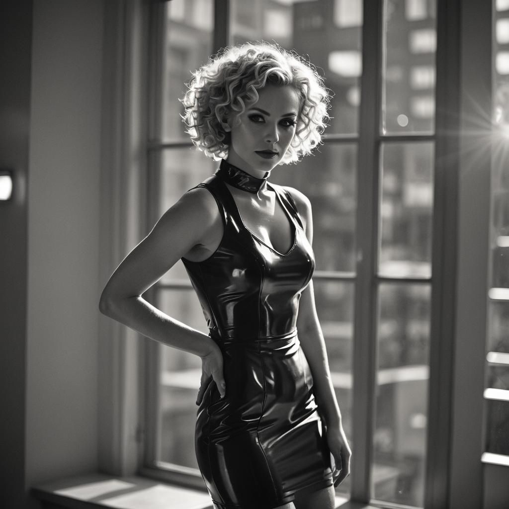 Woman in Latex Dress, Backlit B&W Portrait
