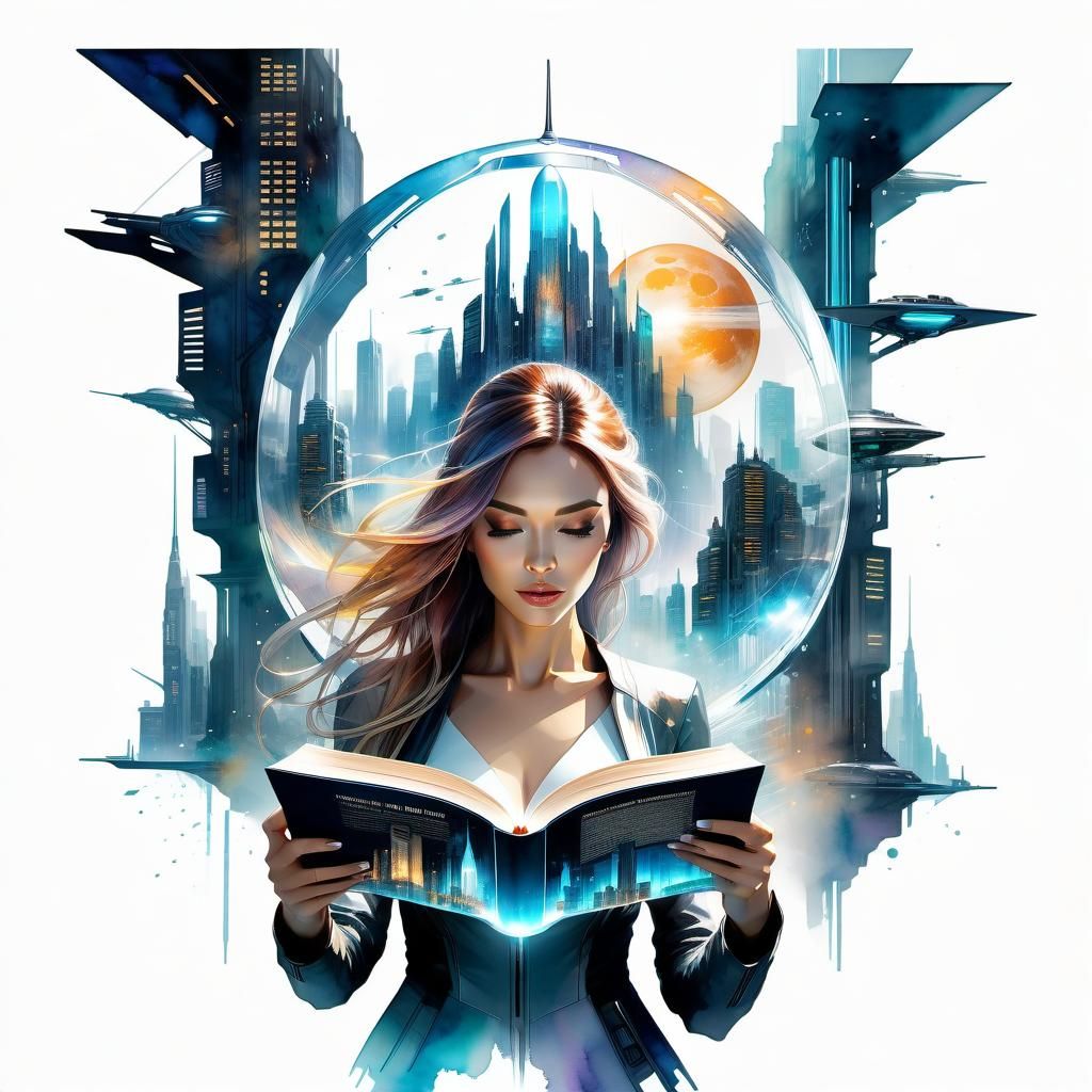 Girl Reads in Spaceship Traversing Future City