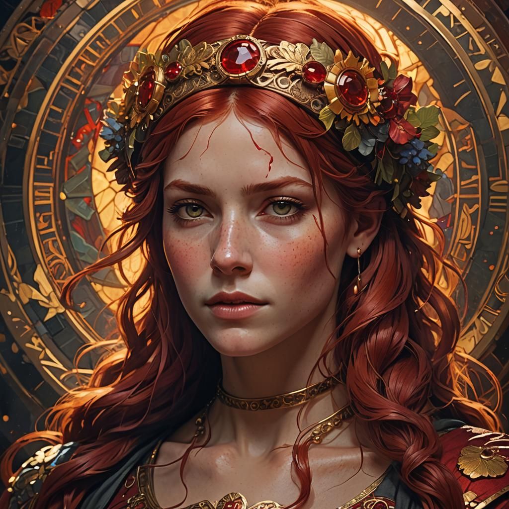 Red-Haired Woman with Ruby Headband in Art Nouveau Style