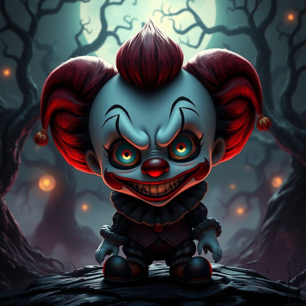 Chibi Clown with Spooky Smile in Ghibli-esque Style