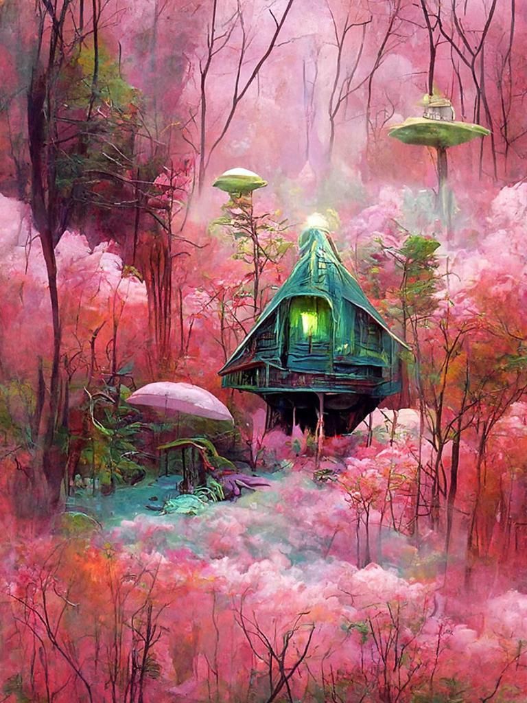 Alien Cottage in Mystical Forest, Painterly Style