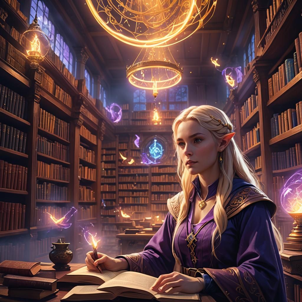 Half-Elf Wizard in Vibrant Library, Surrounded by Magical Ru...