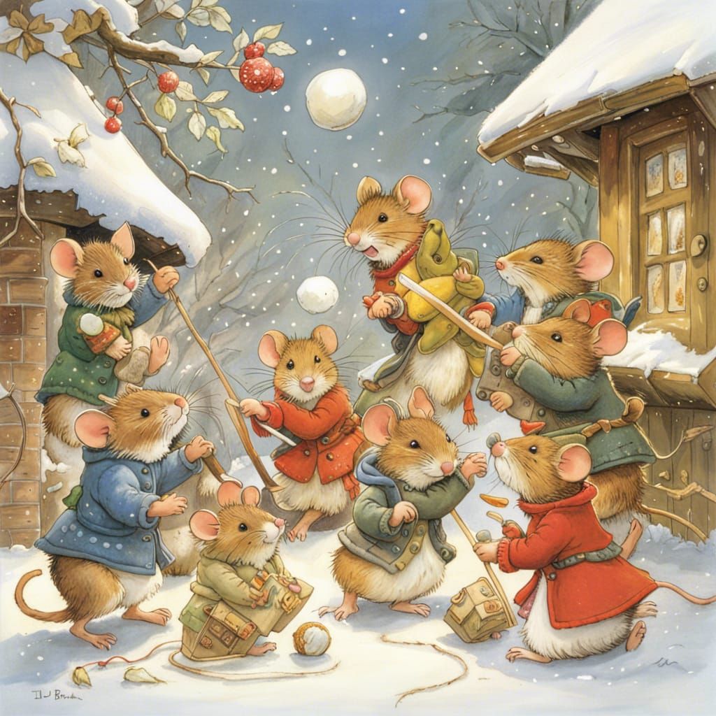 Mouse Family Snowball Fight, Brambly Hedge Style