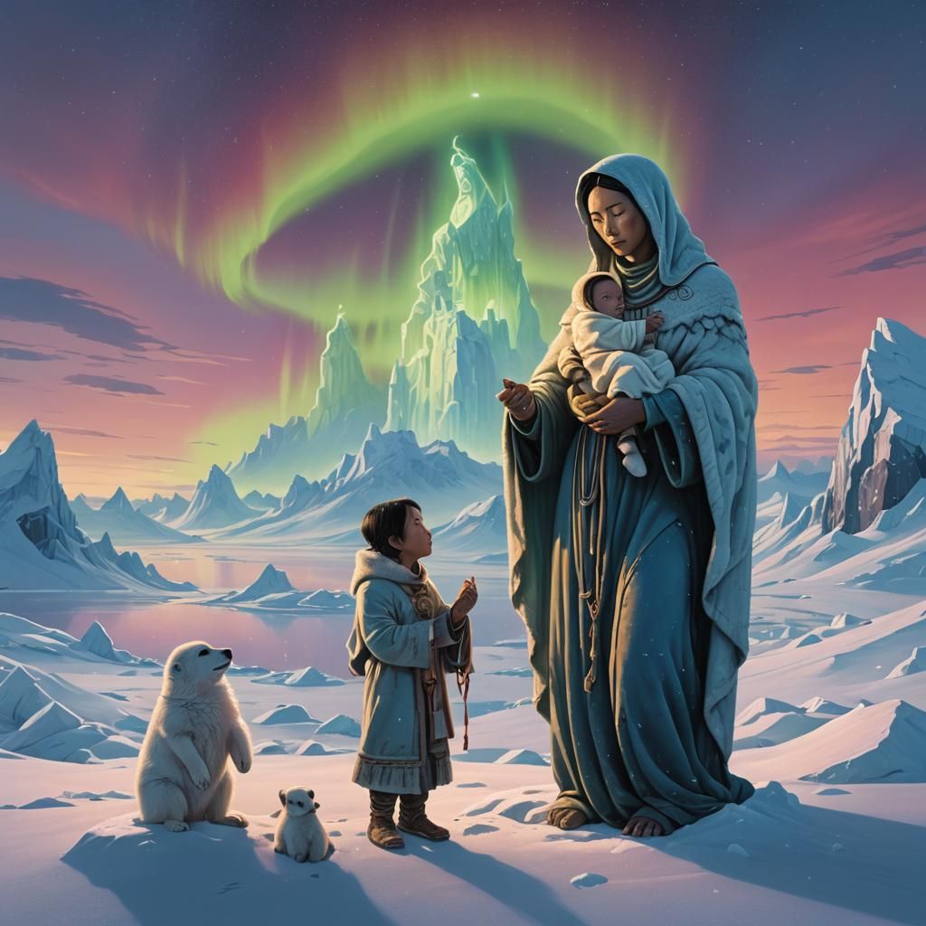 Inuit Virgin Mary and Jesus in Arctic Landscape