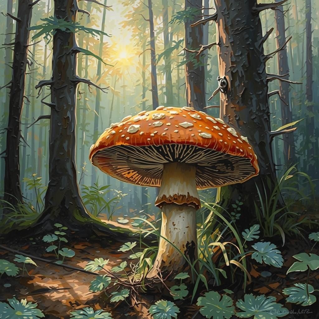 Mushroom in Forest with Sunray: Impasto Acrylic Painting