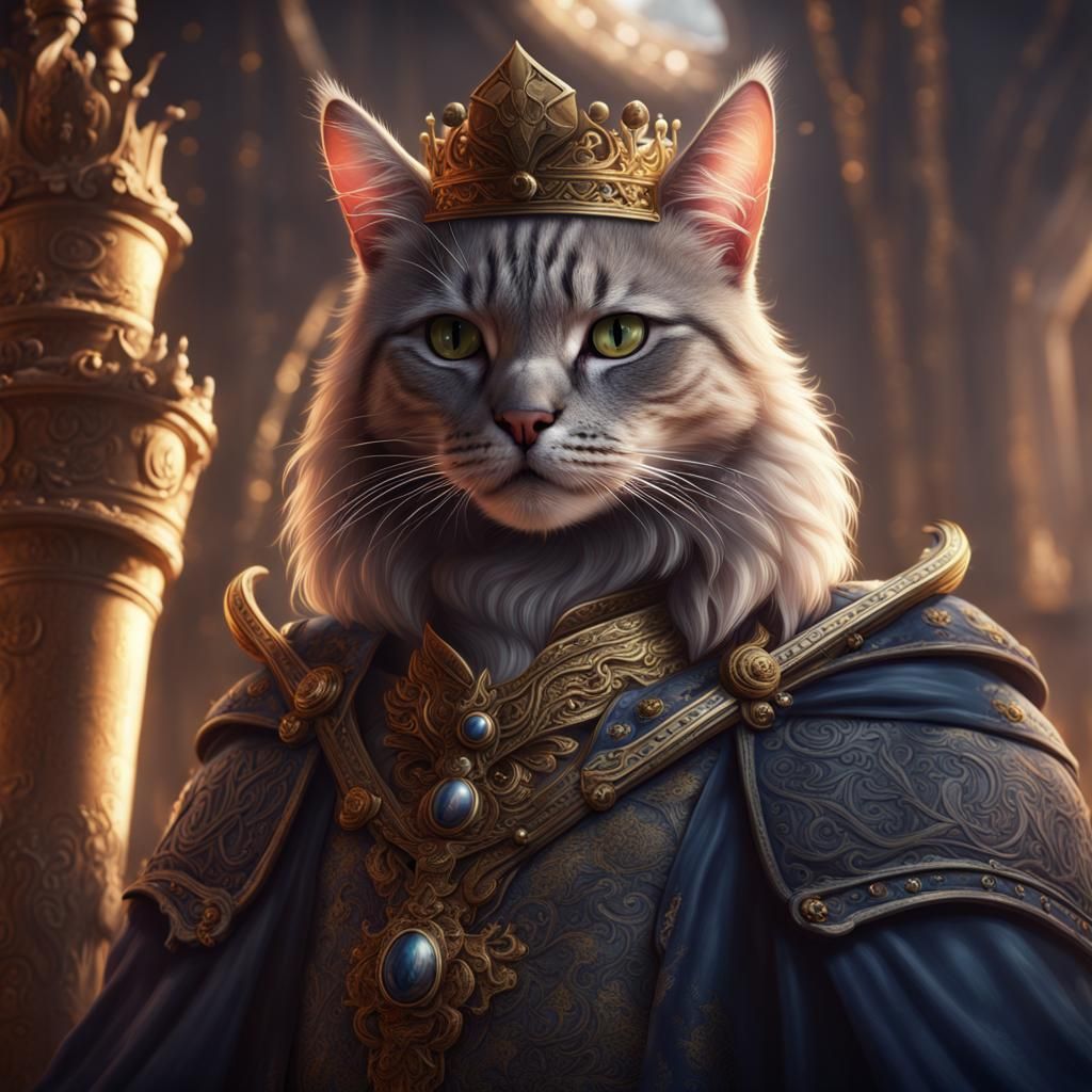 Fantastical Cat Gazing at a King in Detailed Painting