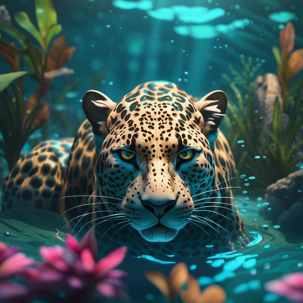 Leopard Swimming Underwater: Hyperrealistic Digital Art