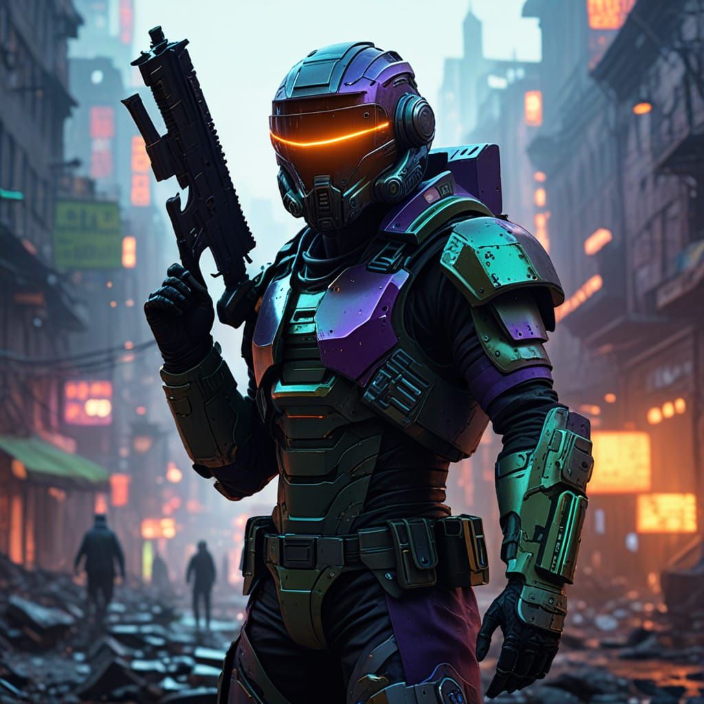 Time Traveler in Ruined Cyberpunk City