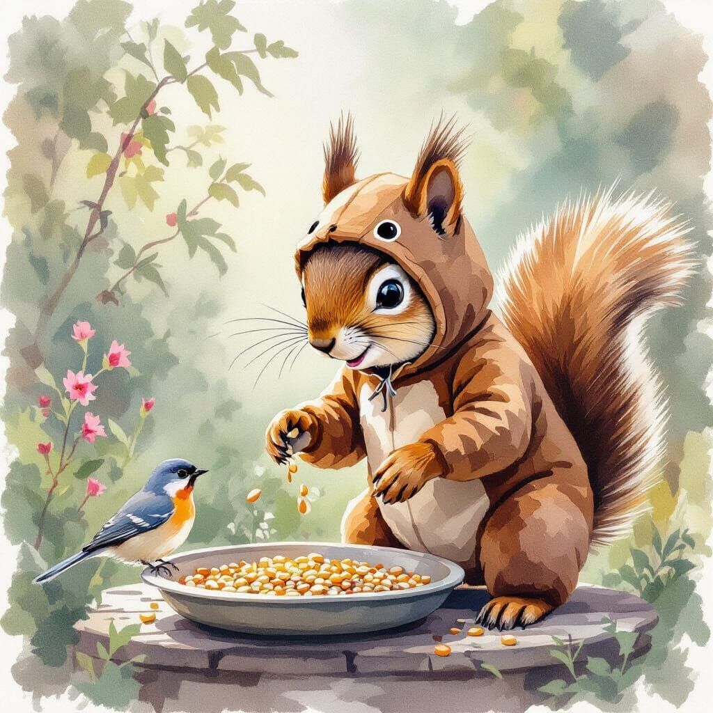 Squirrel in Bear Costume Raids Bird Feeder in Watercolor Sty...