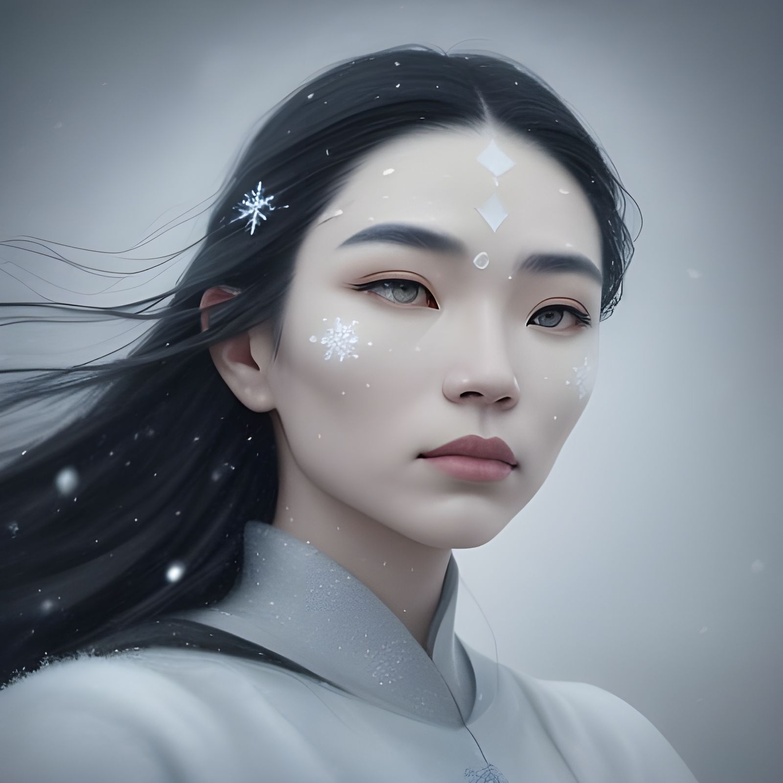 Inuit Woman With Snowflakes Over Eyes in Surreal Style